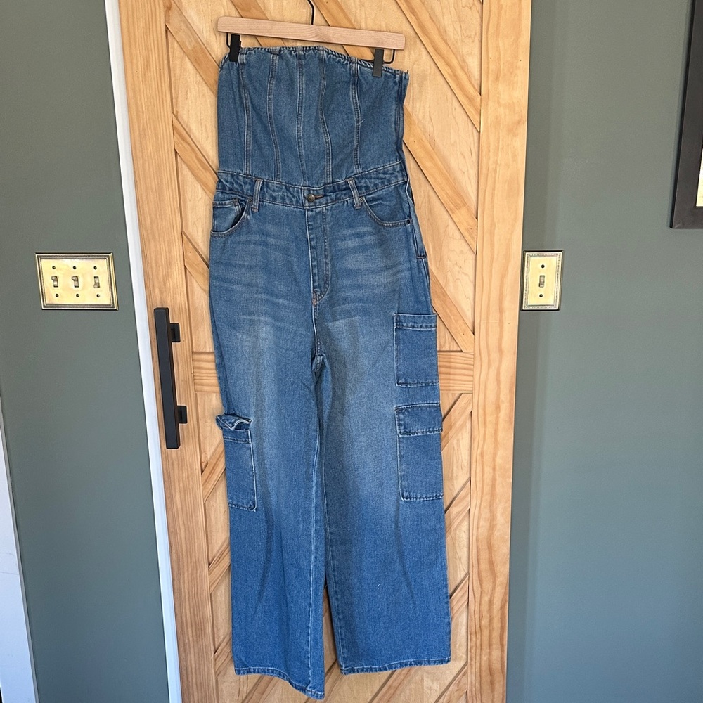 Denim Strapless Utility Jumpsuit - Blue